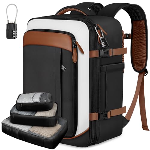 Vancropak 40L Carry On Travel Backpack for Men & Women, Expandable Flight Approved Weekender Backpack with 3 Packing Cubes, Water-Resistant Anti-Theft Laptop Backpack, Lightweight Business Travel Bag - color: Black White Light Brown
