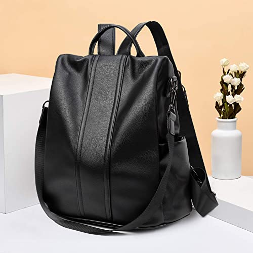 PINCNEL Women Backpack Purse Waterproof Nylon Anti-theft Rucksack Lightweight Shoulder Bag, Medium, Black - color: Black Leather, size: Medium