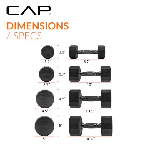 CAP Rubber Coated Hex Dumbbell Set with Storage Rack | 100–210 lb Options, Space-Saving Vertical Compact Storage for Home Gym Strength Training - size: 100 lb - Set, style: 12-Sided Black Handle