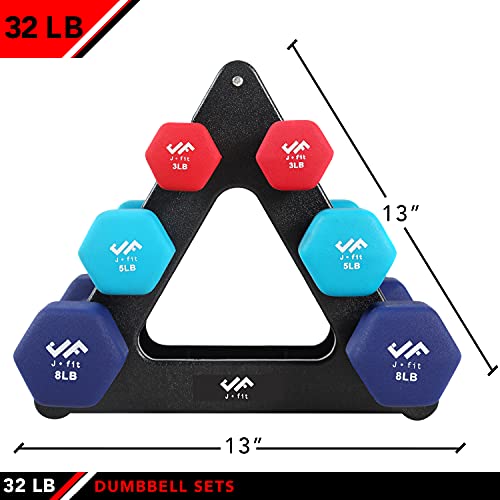 JFIT Dumbbell Pairs or Sets – Neoprene & Vinyl Coated Hand Weights for Home Gym, Strength Training, Aerobics, Cardio Exercise and Fitness - size: 32 lbs (Set), style: Dumbbell Set with Rack