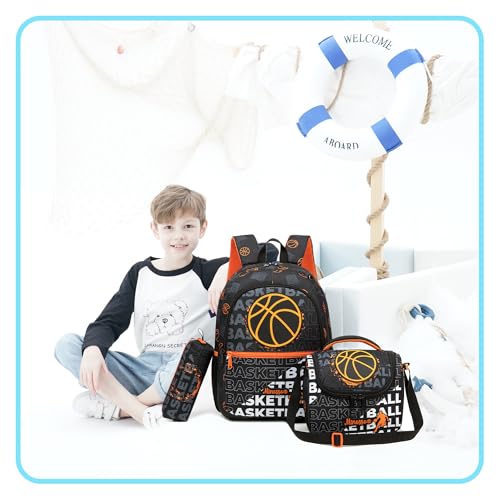 Backpack for School Boys Backpack 8-12 Years Old Kids Backpacks Boys with Lunch Box Pencil Case Kids Bookbag for Elementary Back to School Supplies - color: Black Basketball