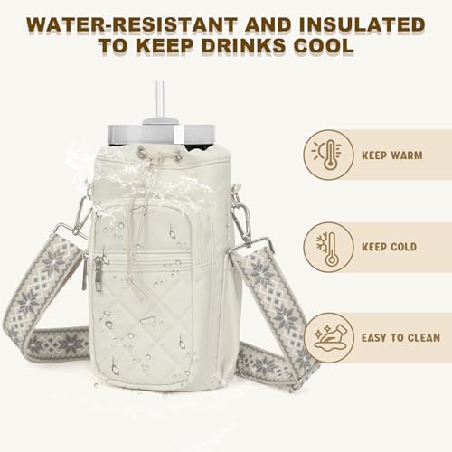 Water Bottle Holder with Strap, 32oz 40oz Insulated Water Bottle Carrier Bag, Purse Crossbody Sling Bag with Phone Pocket for Walking Hiking - color: white