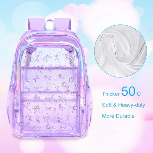 gxtvo 3PCS Clear School Backpack Heavy-Duty Set for Women & Teen Girls, 17" Purple Transparent Bookbag with Rainbow Strap, Elegant Bow See Through Bag - color: Purple Elegant Bow Clear Backpack Set