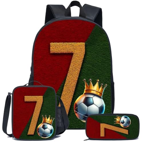 3-Pieces Backpack Set, Themed Backpack for Soccer Number 7 – Multifunctional Large Capacity Daypack with Lunch Bag & Case for Daily Life - style: Soccer Number 7