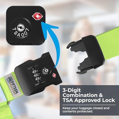 Nylon Luggage Straps for Suitcases | TSA Approved Adjustable Strap w/ 3-Digit Combo Lock | Heavy Duty Belt for 20-32 Inch Suitcases | Travel Luggage Belt Strap for Easy Identification (Neon Green) - color: Neon Green