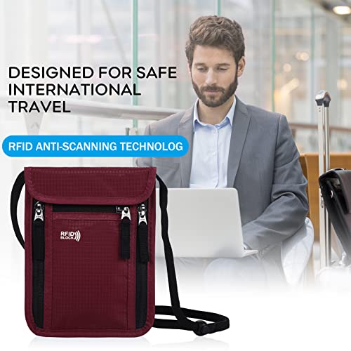 Travel Pouch Neck Wallet Family Passport Holder Organizer Case with RFID Blocking | Family Passport Holder - color: Wine Red