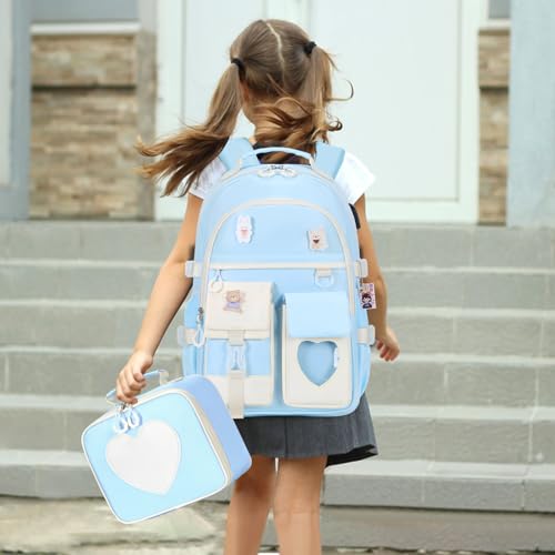 ACESAK Backpack for Girls - Bookbag Backpacks Schoolbag for Girls Kids Teen Women Casual Travel Daypacks - School Bag Elementary Middle School College Cute Backpack with Lunch Box (Blue White) - color: Blue White