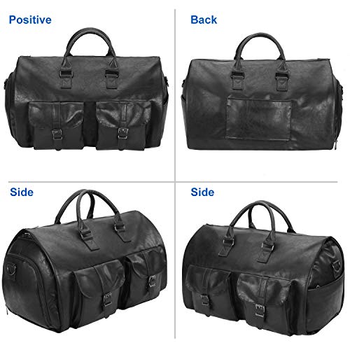 seyfocnia Convertible Travel Garment Bag,Carry on Garment Duffel Bag for Men Women - 2 in 1 Hanging Suitcase Suit Business Travel Bag - color: black-2pockets-Leather