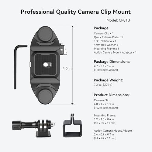 Camera Backpack Clip, Dual-Lock Arca Quick Release for Hands-Free Hiking, Metal Holster for DSLR & Mirrorless with Action Cam & Pocket 3 Mounts, 66lb Load, Fits 75mm Straps - color: Black