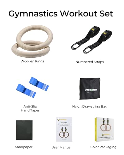 PACEARTH Gymnastics Rings 32mm Wooden Olympic Rings Support 1500lbs Locked Carabiners 9ft Double-Layer Numbered Straps Non-Slip Gym Rings with Foot Straps Door Anchor for Home Gym Full Body Workout - style: 02-1.25" Buckle Rings & Straps Set