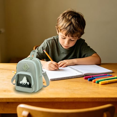 Large Capacity Kids Backpack Pencil Case Pen Bag with Clear Pocket, Cute Kawaii Pen Pouch Organizer with Adjustable Strap & Plush Doll Keychain for School Girls Boys (Green) - color: Green