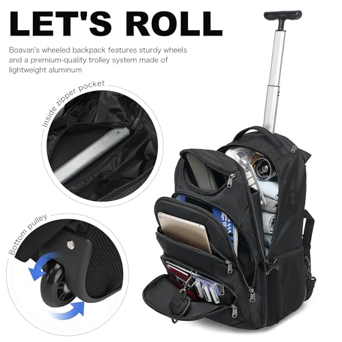 Boavan Rolling Backpack,17 inch Water Resistant Wheeled Backpack,Carry on Luggage Business Bag, Overnight College Computer Trolley Suitcase for Men Women Adults to Travel,Black - color: Black, size: 17.3 inches
