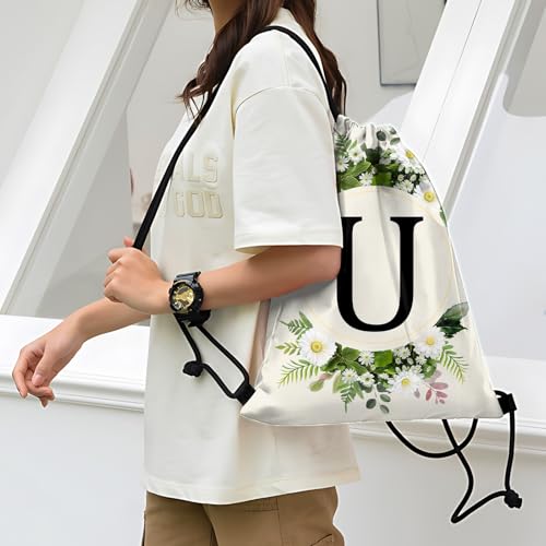Initial Letter Drawstring Backpack String Sports Gym Bags Waterproof Sackpack Cute for Men Women Beach (13"×17") (Letter-U) - color: Letter-u