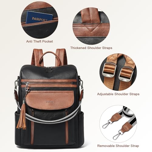 Shrrie Laptop Backpack for Women 15.6 inch,Travel Leather Backpack Purse Nurse Teacher Carry on Backpack Computer Bag,Professional Water-Resistant College Business Work Casual Daypack,Black with Brown - color: Black With Brown
