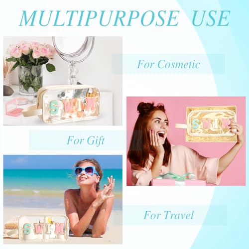 Kacctyen Letter Clear Makeup Bags Swim Pouch Cute Preppy Patch Clear Travel Bag with Zipper Small Chenille Nylon Cosmetics Waterproof Sandproof Bags Toiletry Storage Snack Sunscreen Pouch for Women - color: White, style: Swim