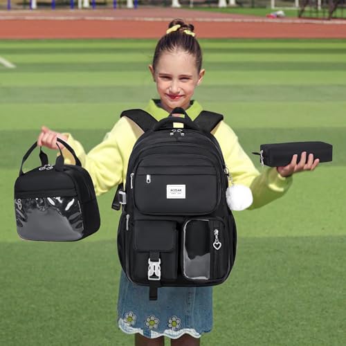 ACESAK Backpack for Girls - Girls Backpack with Lunch Bag & Pencil Pouch for Teen Kids Laptop Backpack for Women, Elementary Middle High School Bookbag Travel Daypack (Black) - color: Black