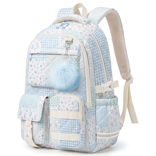 Quilted Backpack for Teen Girls,Cute Blue Patchwork School Backpack with Multi-Pocket Design,Lightweight Cotton Bookbag Fits 15.6" Laptop,Large Capacity Aesthetic Backpack with Plush Charm - color: Blue Green Patchwork
