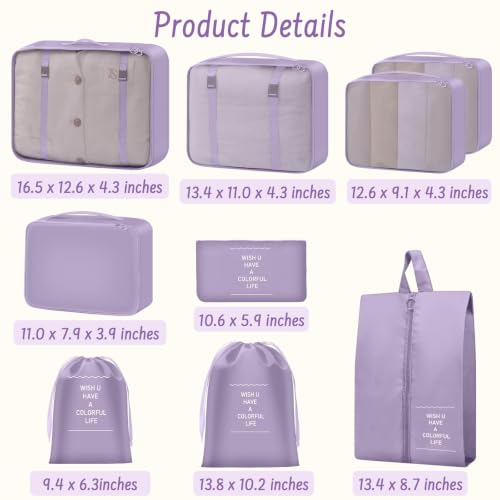 9 Set Packing Cubes for Travel Essentials - Lightweight Carry-On Luggage Organizer Bags with Shoe, Clothes & Laundry Bags for Airplane, Family & Business Travel, Light purple - color: Light purple
