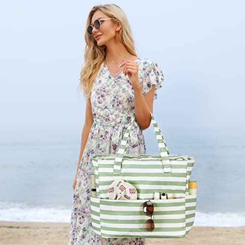 LEDAOU Beach Bag Waterproof Sandproof Women Beach Tote Pool Bag with Zipper for Swim Gym Grocery Travel with Wet Pocket | Sandproof - color: Green White Stripes