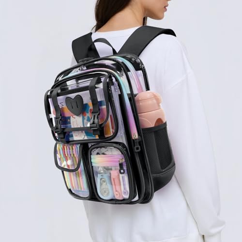 Clear Backpack for Girls Women Heavy Duty Transparent Bookbag School Backpack with Mesh Pockets Stadium Approved See Through Backpack (Black) - color: Black
