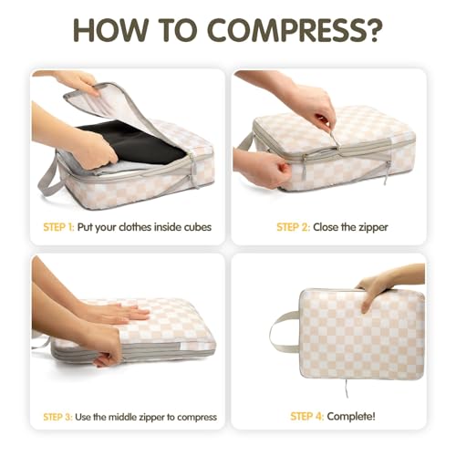8 Set Compression Packing Cubes Travel, Lightweight Durable Packing Compression Cubes, Accessories Bags Packing Cubes for Travel Luggage Organizer (Khaki Checkered) - color: 8 Set Khaki Checkered