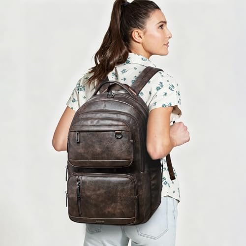 LATMAP Vegan Leather Backpack 17In Laptop Backpack for Women Travel Coffee | large capacity, laptop compartment, water-resistant, easy to wipe clean, TSA-friendly, with luggage strap & pickpocket-proof - color: Coffee Color