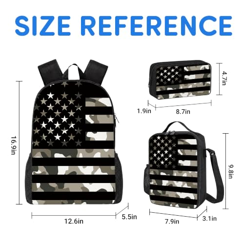 3PCS Camouflage flag Backpack for Boys Girls Teens, School Backpack with Lunch Box Pencil Case for Elementary Middle High Students, 17 Inch Lightweight Bookpack 3 in 1 Set Back to Shool for Kids - color: Flag