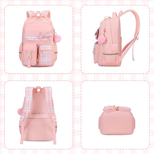 MOONBABY Girls Backpack, Kids Backpack for Girls School Bags with Pen Case, Bow Plaid Book Bag for Elementary Middle Primary High School College, Pink-2pcs - color: Pink