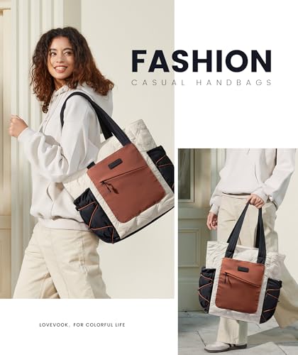 LOVEVOOK Tote Bag for Women, puffer tote bag for Work Travel Nurse, Lightweight quilted Bags with Compartments - color: M-15.6 Inch-cream-brown-black Drawstring