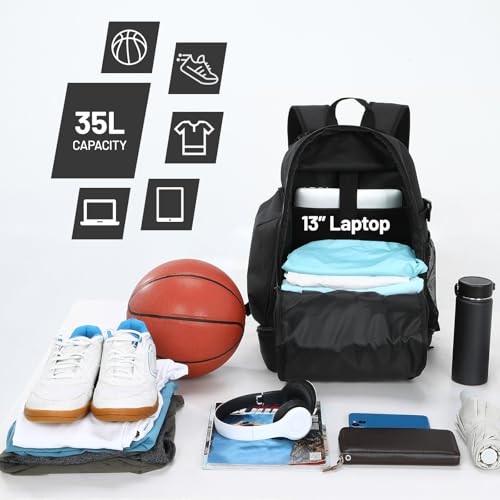 MIER Basketball Backpack Bags Sports Gym Backpacks with Shoe Compartment and Ball Holder for Adult Men Large Soccer Bag - color: Black