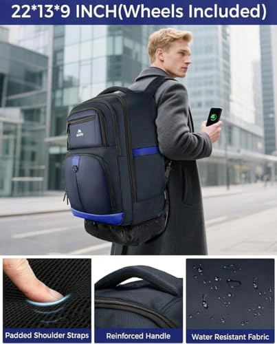 MATEIN Rolling Backpack 4 Wheels, 17 Inch Lightweight Rolling Backpack with Shoulder Straps, Water Resistant Roller Laptop Bag Carryon Luggage, Wheeled Travel Daypack for Business Men Adults