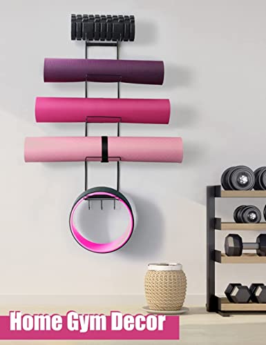 5-Tiers Yoga Mat Holder Wall Mount, Metal Storage Rack for Yoga Mat/Wheels, Foam Roller and Block etcs, Wall Rack Organizer with 3-Hooks for Hanging Stretching Strap & Resistance Bands๏ผ2 Pack๏ผ