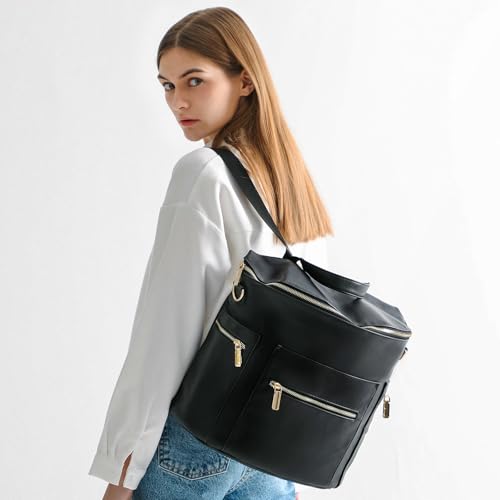 miss fong Diaper Bag Backpack Baby Diaper Bag, Large Leather Diaper Backpack with 16 Pockets Travel Diaper Bag with Diaper Changing Pad, Stroller Straps & 2 Insulated Pockets(Convertible, Black) - color: Black