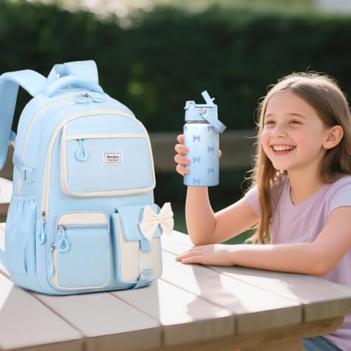 Bevalsa Backpack for Girls, Bow Bookpack with 14oz Insulated Water Bottle, Lunch Bag & Pen Case, Schoolbag for Kids & BPA-FREE Stainless Steel Metal Cup for Elementary Middle Student (Blue) - color: Blue