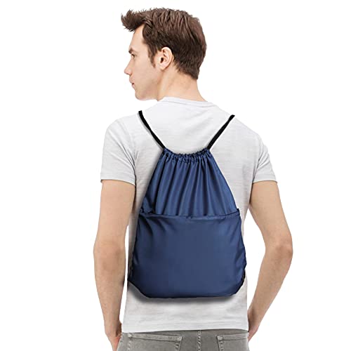 Drawstring Backpack Sports Water Resistant String Bag Sport Gym Sackpack for Women Men Large with Zipper, Navy - color: Navy