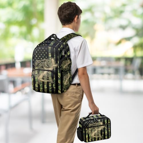 Fishing Backpack Set for Boys, Kids Camo Fish Backpack for School with Lunch Box and Pencil Case Coin Purse, School Bookbag for Boys - color: Fishing