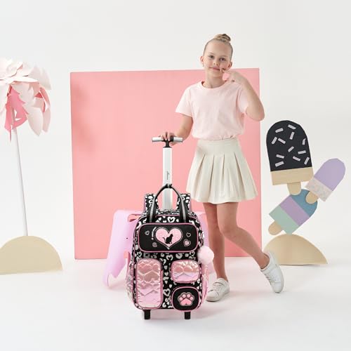 Cute Cat Rolling Backpack with Wheels for Elementary Kindergarten Students Kids Travel Luggage Black Carry on Backpack for Girls Ages 6-8 - color: A Black Cat