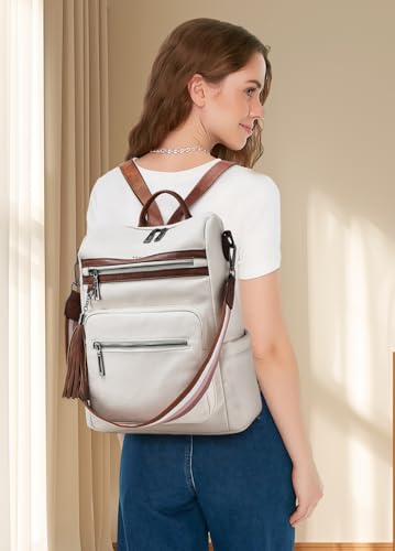 Shrrie Backpack Purse for Women Leather Backpack Fashion Designer Travel Backpack Convertible Shoulder Bag for College Work - color: 2-4-beige With Brown