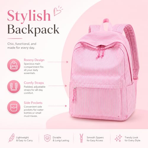 BTOOP School Backpacks for Teen Girls Bookbags Lightweight Kids Backpack School Bags Set with Lunch Box Pencil Case - color: Pink White Stripe