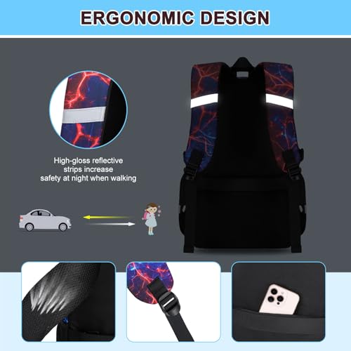 3PCS School Backpack for Boys, Cool Gamer Boys Backpack with Lunch Box and Pencil Case for Kids Kindergarten Teens Elementary Middle School Bag with Convenient Charging Port,Gaming Bookbag Waterproof - color: Futuristic Red & Blue Lightning