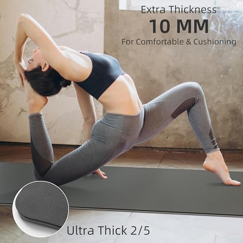 PAIDU Yoga Mat Non Slip Anti-tear,extra thick-2/5 inch(10MM)High Resiliency Professional POE Yoga Mats for Women Men Kids,72"x24"inch,Workout, Yoga, Pilates and Floor Exercise, with Carrier Strap - color: Grey+Black.