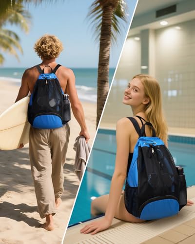Swim Bag Mesh Drawstring Backpack with Shoe Compartment Sports Gym Sackpack with Mesh Pockets Beach Backpack for Swimming, Gym, and Workout Gear (Navy Blue)