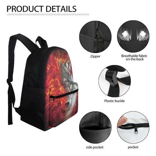 AFPANQZ Teenagers Rucksacks Breathable Large Capacity Rucksacks Cool Wolf Rucksack sfor Kids Boys Middle School - color: Wolf Fire
