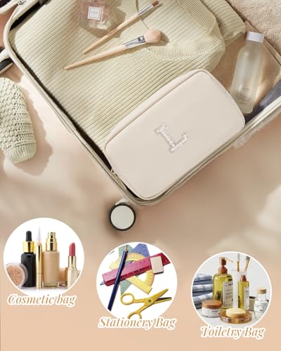 VLANDO Travel Gifts for Women Make up Bag Bridesmaid Proposal Gifts Pearl Letter Pouch Cosmetic Bag Zipper Purse for Women Girls Daughter Preppy Stuff L - color: 03-White-L