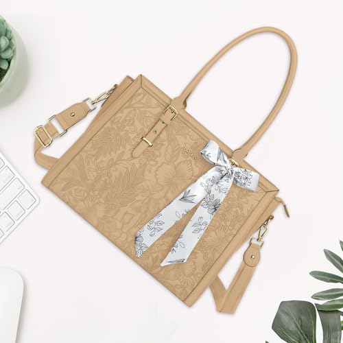 MOSISO Laptop Bag for Women, 15.6-16 inch PU Leather Tote Bag Compatible with MacBook, HP, Dell, Asus Notebook, Front Embossed Retro Hibiscus Computer Bags with Silk Scarf&Clutch Purse, Apricot - color: Apricot, size: 16 inch