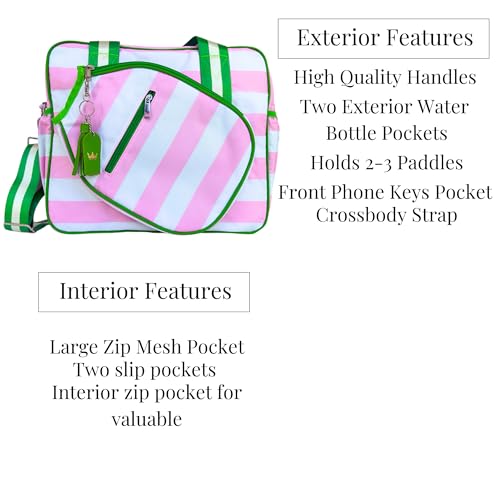 Cute Prepster Pickleball Bag for Women with Fence Hook, Tote with Pockets for Water Bottle, Paddles, Balls, Accessories - color: Pink Stripe Pasadena