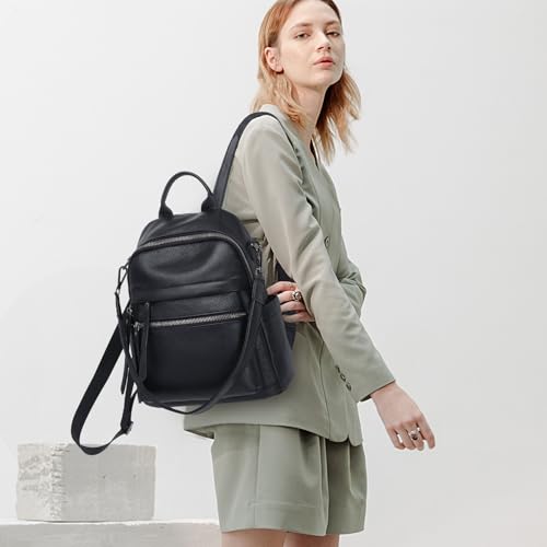 Genuine Leather Backpack Purse For Women Black | Real Soft Leather, Convertible, Ladies Daypack Shoulder Bag - color: Black