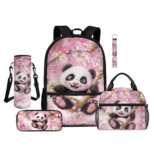 ZDCUSTOM Pink School Backpack for Girls 6-8 Years Old with Lunchbox Panda Bookbag for Preschool Elementary School Kids Children School Bag with Pencil Case Cherry Blossom Backpack Sets 5 PCS - color: Pink Panda
