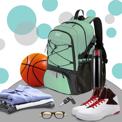 WOLT Basketball Backpack Large Sports Bag with Separate Ball Holder & Shoes Compartment, Best for Basketball, Soccer,Gym - color: Green