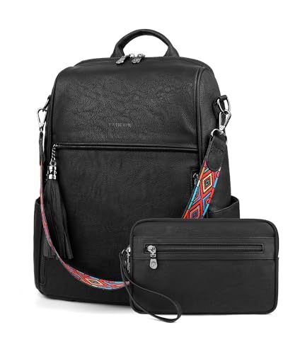 FADEON Womens Backpack Purse Large Designer PU Leather Laptop Backpacks, Ladies Computer Shoulder Bags (3 Black Retro Style, Medium (14-in Height)) - color: 3 Black Retro Style, size: Medium (14-in Height)
